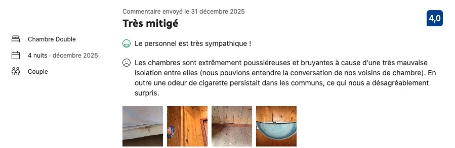 Avis mitigé d'un client sur Booking 